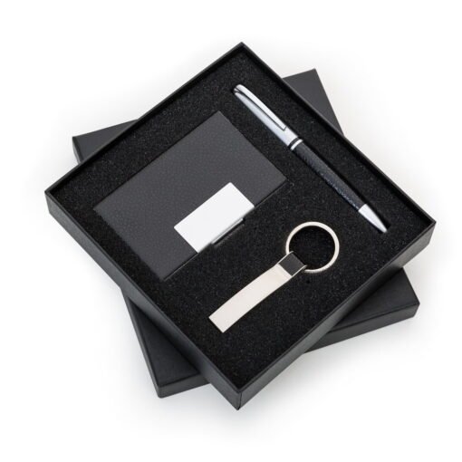 KIT EXECUTIVO PORTA CARTÃO CHAVEIRO, CANETA PRE  SPX-04481 NA COR PRETO OU FUMÊ
