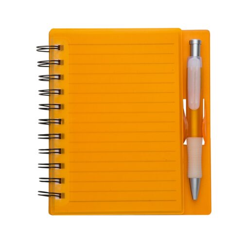 Caderno Personalizado Plástico C/ Caneta - laranja com detalhes em branco