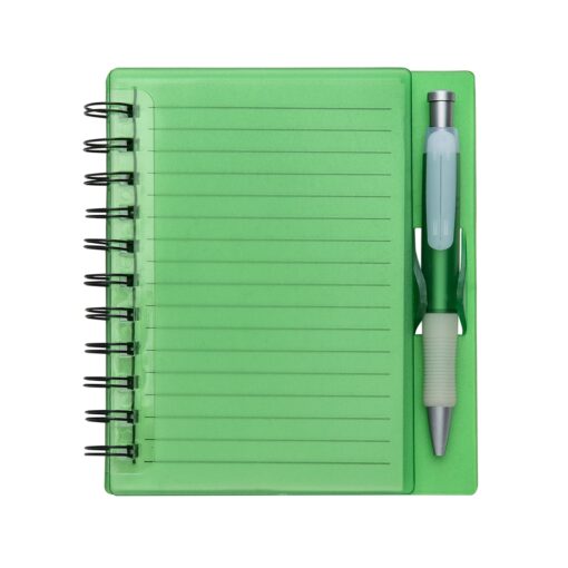 Caderno Com Logo Plástico C/ Caneta - verde com detalhes em branco