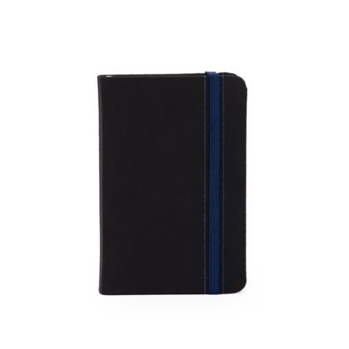 Caderneta Personalizada Emborrachada C/Costura S/Pauta - preto com detalhes em azul