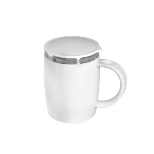 Caneca Personalizada Plástica 400Ml - branco com detalhes em inox