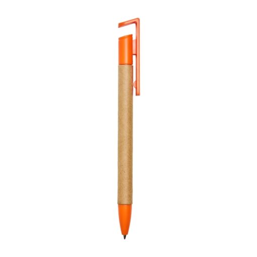 Caneta Personalizada Para Empresas Ecológica C/ Suporte P/ Celular - marrom com detalhes em laranja