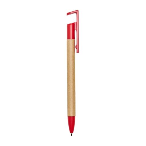 Caneta Promocional Ecológica C/ Suporte P/ Celular - marrom com detalhes em vermelho