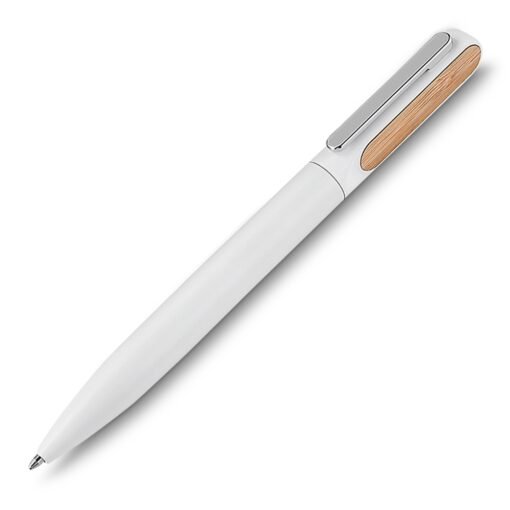 Caneta Personalizada Metal Det. Bambu C/ Estojo na cor branco