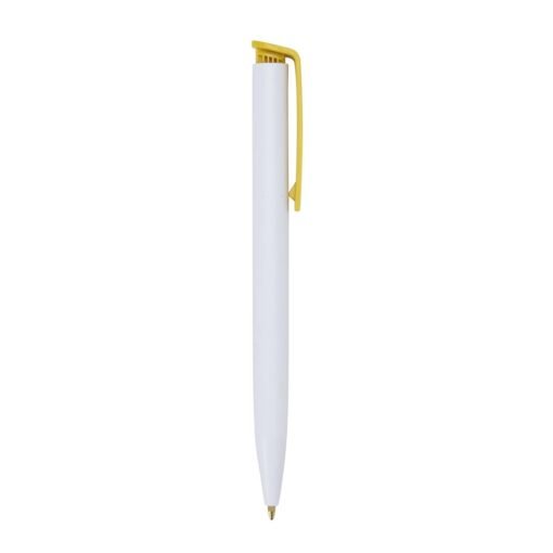 Caneta Com Logo Plástica - branco com detalhes em amarelo