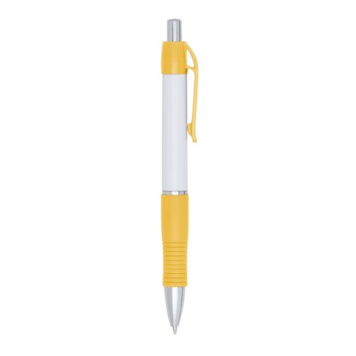 Caneta Personalizada Plástica - branco com detalhes em amarelo