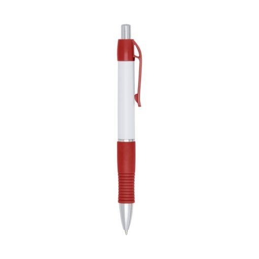 Caneta Promocional Plástica - branco com detalhes em vermelho