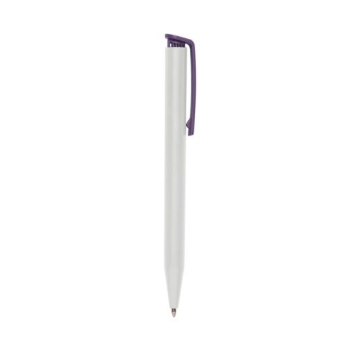 Caneta Personalizada Para Empresas Plástica - branco com detalhes em roxo