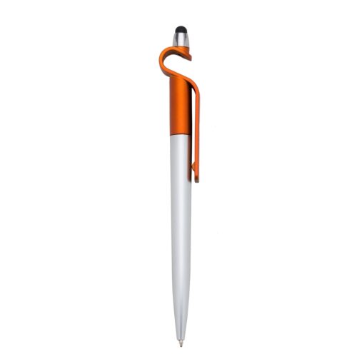 Caneta personalizada plástica p. celular e ponta touch - laranja com detalhes em prata