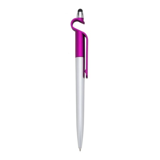 Caneta personalizada plástica p. celular e ponta touch - prata com detalhes em rosa