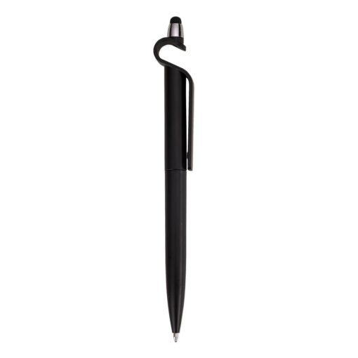 Caneta Personalizada Plastica C/ Suporte E Touch - preto com detalhes em prata
