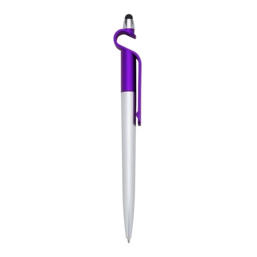 Caneta personalizada plástica p. celular e ponta touch - roxo com detalhes em prata