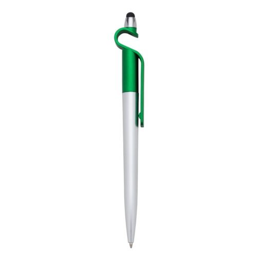 Caneta personalizada plástica p. celular e ponta touch - verde com detalhes em prata