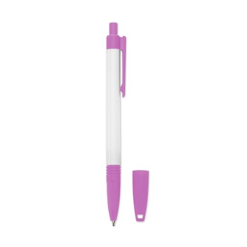 Caneta Promocional Plástica C/ Cordão - branco com detalhes em rosa
