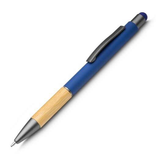 Caneta Personalizada Para Empresas Touch Screen Alumínio E Bambu - azul com detalhes em bambu