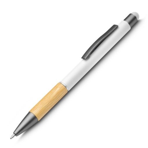 Caneta Promocional Touch Screen Alumínio E Bambu - branco com detalhes em bambu