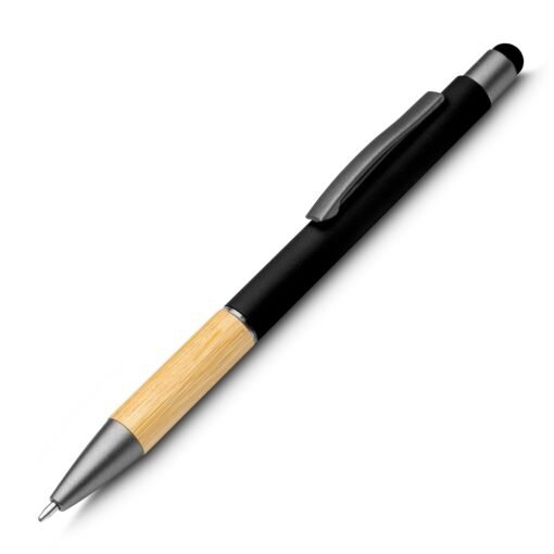 Caneta Com Logo Touch Screen Alumínio E Bambu - preto com detalhes em bambu