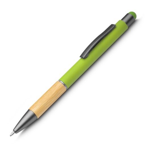 Caneta Personalizada Touch Screen Alumínio E Bambu - verde com detalhes em bambu