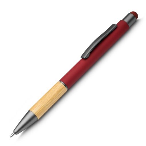Caneta Personalizada Touch Screen Alumínio E Bambu - vermelho com detalhes em bambu