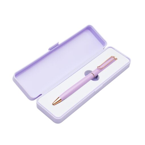 Caneta Personalizada Para Empresas Metal C/ Box De Plástico - roxo com detalhes em cobre