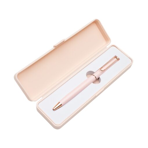 Caneta Personalizada Metal C/ Box De Plástico - rosa com detalhes em cobre