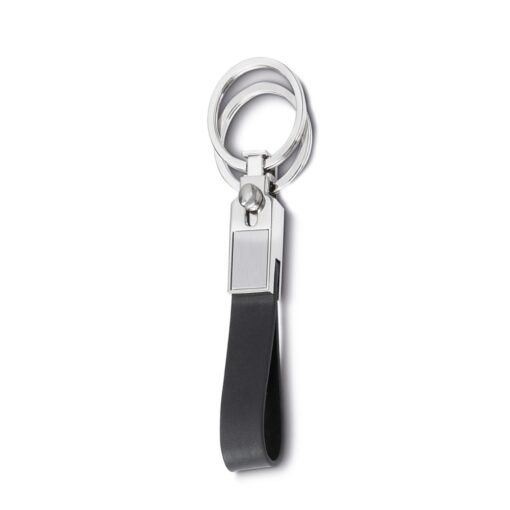 CHAVEIRO DE METAL E COURO C/ 2 ARGOLAS  SPX-14502-PRA/PRE NA COR PRATA