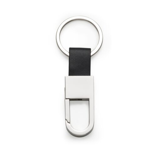 Chaveiro Personalizado Metal Det. Couro - prata com detalhes em preto