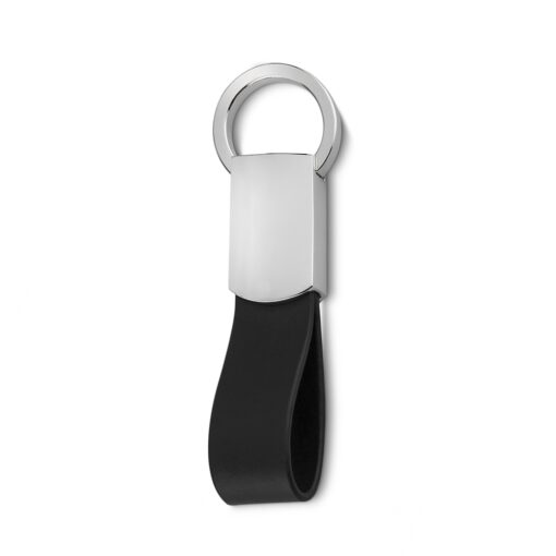 Chaveiro Personalizado Metal C/ Couro - prata com detalhes em preto