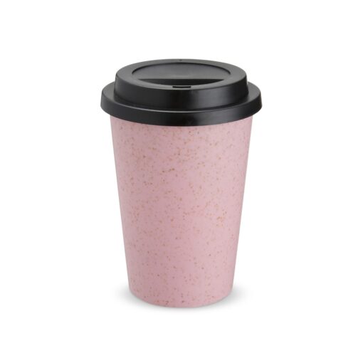 Copo Promocional Fibra De Arroz C/ Tampa 450Ml - rosa com detalhes em preto