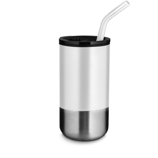 Copo Promocional Inox Com Canudo 500Ml - branco com detalhes em inox