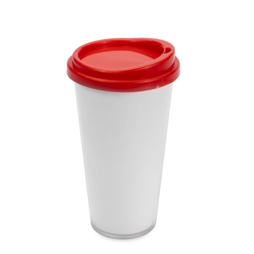 Copo Personalizado Plástico Duplo 400Ml - branco com detalhes em vermelho