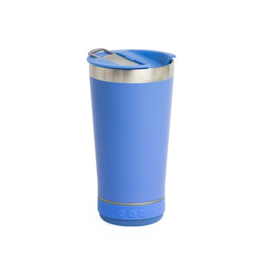 Copo Personalizado Para Empresas Térmico 400Ml C/ Caixa De Som - azul com detalhes em inox