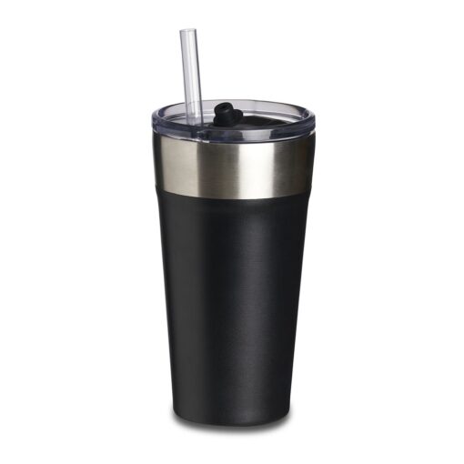 Copo Personalizado Térmico C/ Canudo 500Ml - preto com detalhes em inox