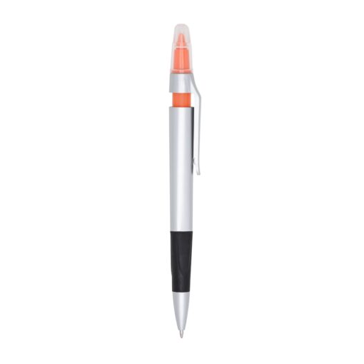 Caneta Para Brindes Plástica C/ Marca Texto - laranja com detalhes em prata