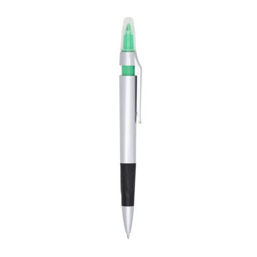 Caneta Personalizada Para Empresas Plástica C/ Marca Texto - verde com detalhes em prata