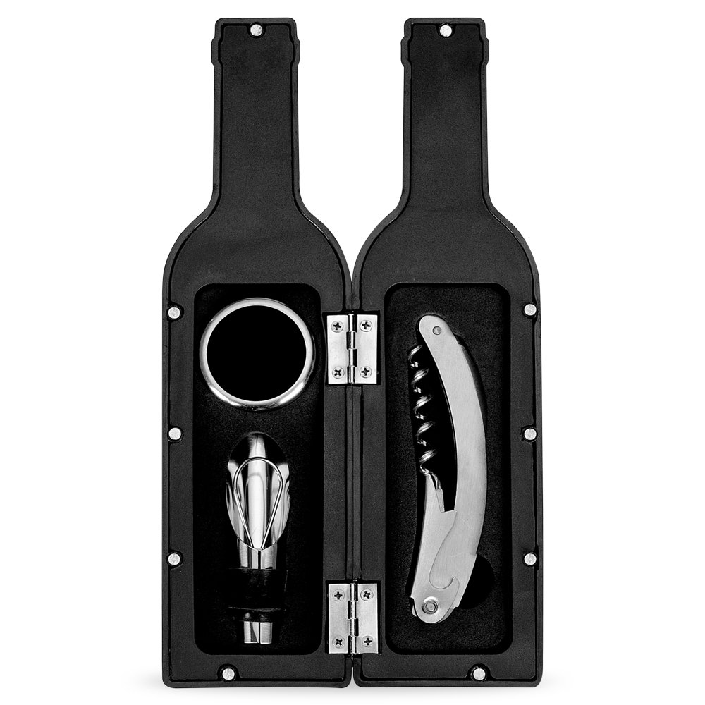 KIT VINHO PLÁSTICO RESISTENTE 3 PEÇAS FORMATO GARRAFA  SPX-11871 NA COR PRETO