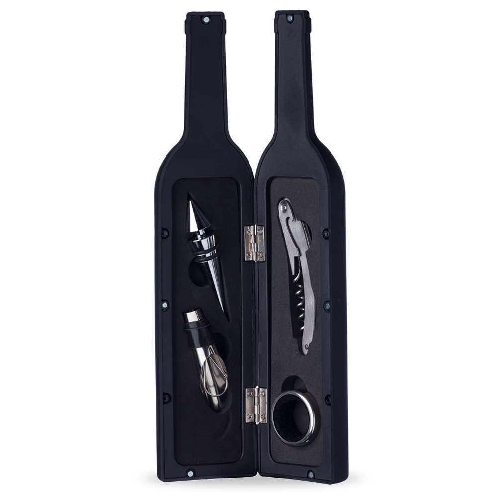 KIT VINHO PLÁSTICO RESISTENTE 4 PEÇAS  FORMATO GARRAFA  SPX-12384 NA COR PRETO