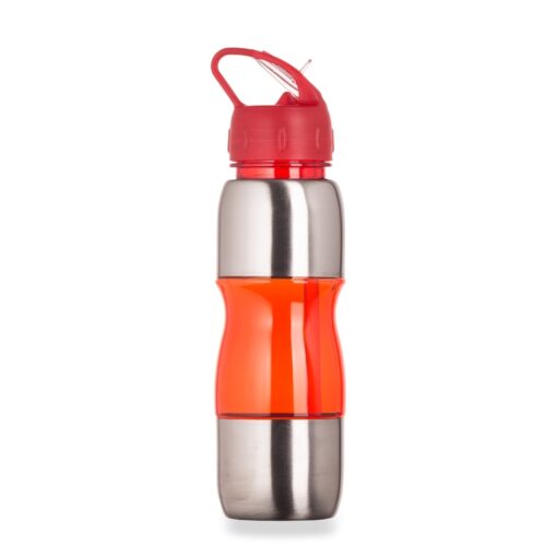 Squeeze Para Brindes Alumínio 600Ml - inox com detalhes em vermelho