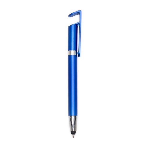 Caneta Personalizada Plastica Touch C/ Suporte - azul com detalhes em prata