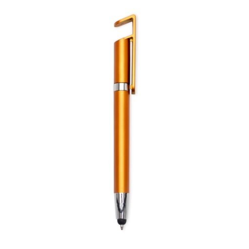 Caneta Com Logo Plastica Touch C/ Suporte - laranja com detalhes em prata