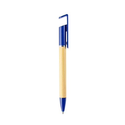 Caneta Promocional Ecológica Com Suporte Para Celular - azul com detalhes em bambu