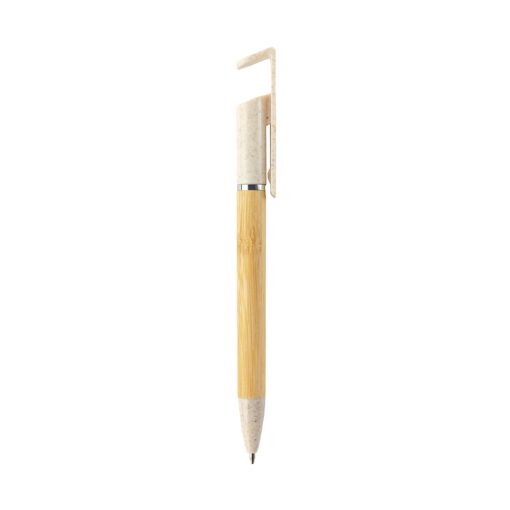 Caneta Para Brindes Ecológica Com Suporte Para Celular - bege com detalhes em bambu
