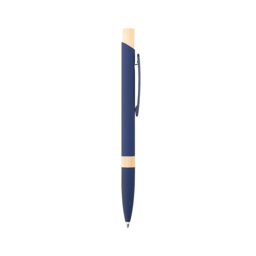 Caneta Personalizada Metálica - Azul/Bambu | Brindes Brasil