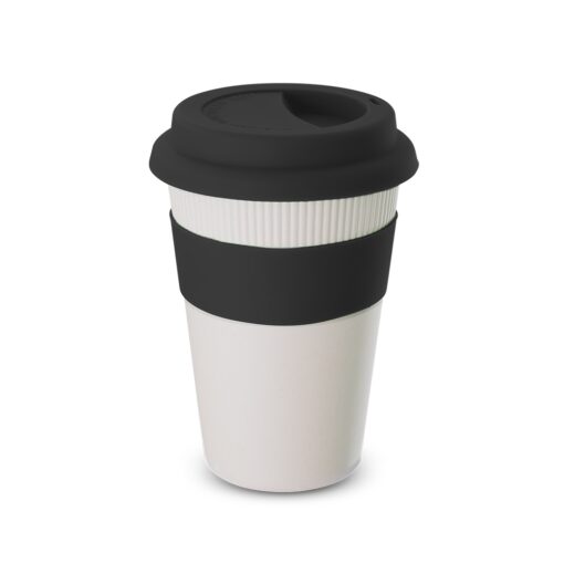 Copo Com Logo Fibra Bambu C/ Tampa 450Ml - preto com detalhes em bege