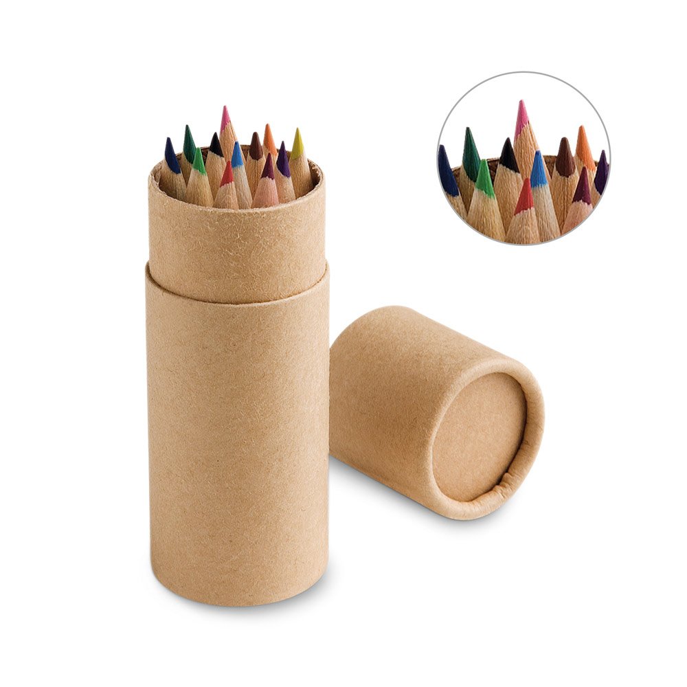 Caixa cilíndrica em papel kraft reciclado com 12 lápis de cor SP-51752-160 na cor Natural