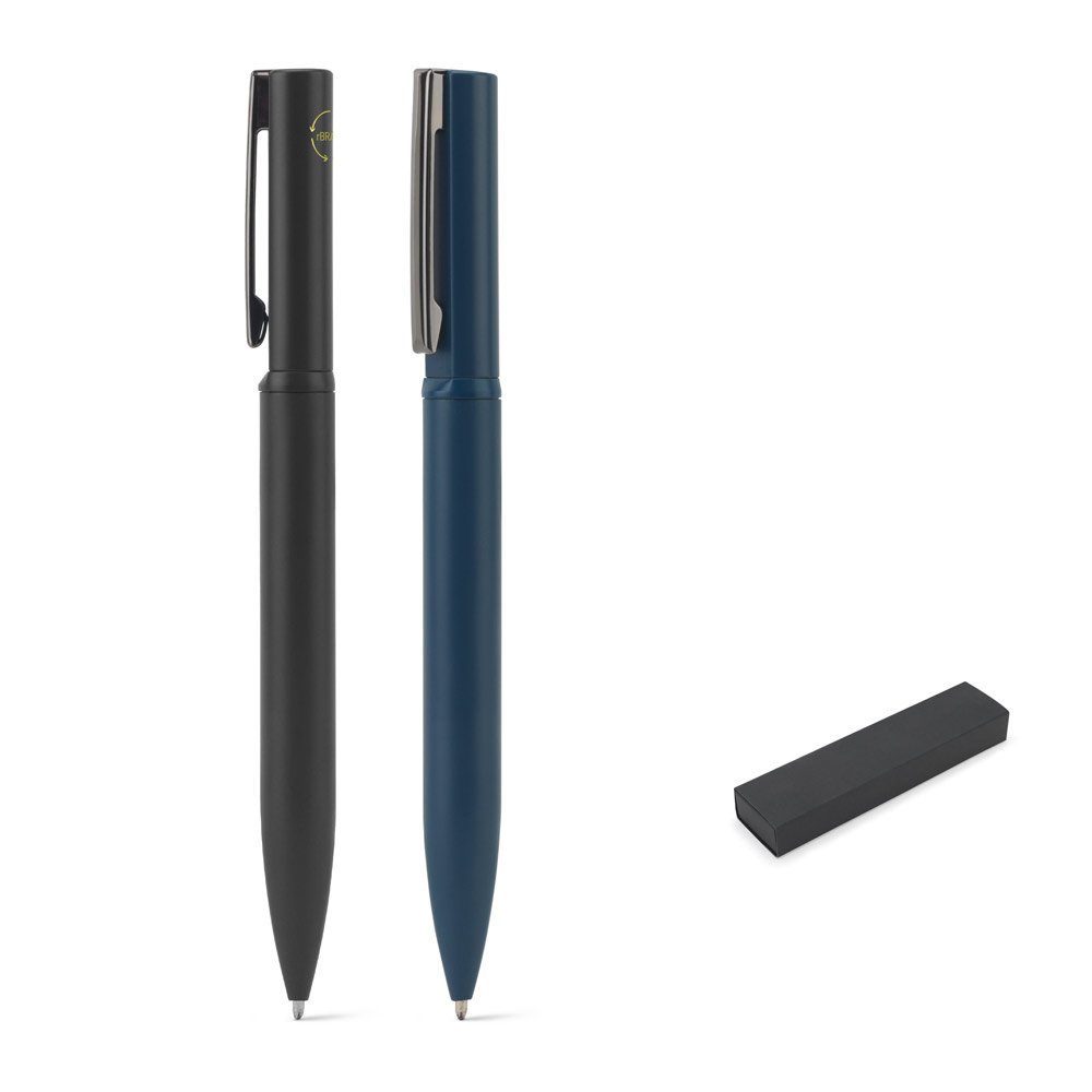 Caneta esferográfica elegante em metal 60% reciclado com escrita em azul SP-51977-104 na cor Azul