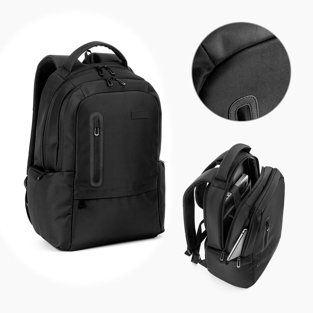 Mochila para computador portátil (17") em nylon 150D com 2 compartimentos acolchoados e placa para personalização SP-52530-103 na cor Preto