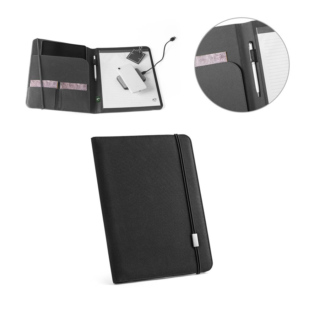 Pasta A4 em poliéster 100% reciclado 300D com caderno de páginas pautadas SP-53580-103 na cor Preto