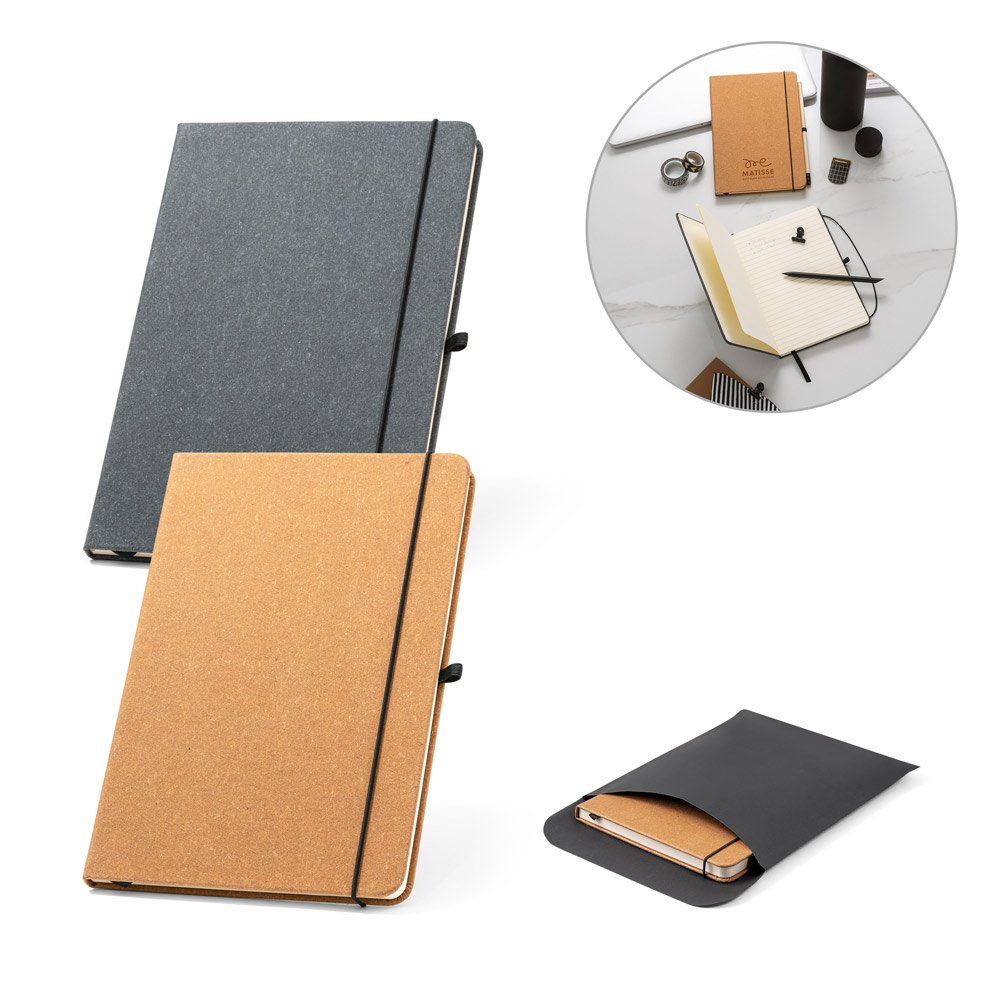 Caderno A5 de capa dura em couro 70% reciclado com páginas pautadas SP-53628-103 na cor Preto