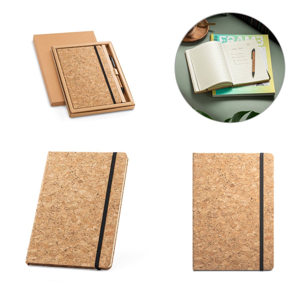 Conjunto de caderno A5 e caneta esferográfica em cortiça SP-53631-160 na cor Natural